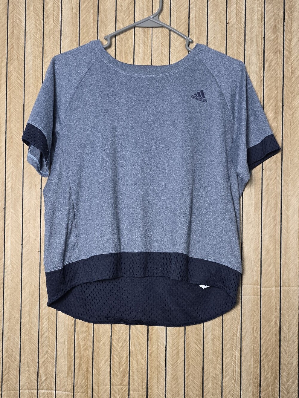 adidas Women's Heather Gray Short-Sleeve Athletic Tee with Black Mesh Trim